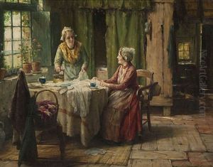 Zeeuws Interieur Met Twee Jonge Vrouwen Aan De Strijk by Edward Antoon Portielje