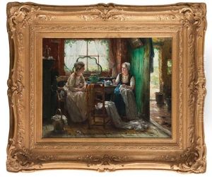 Femmes Zelandaises A L'ouvrage Devant La Fenetre by Edward Antoon Portielje