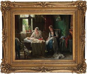 Scene Domestique Animee De Deux Soeurs Avec Le Nouveau Ne