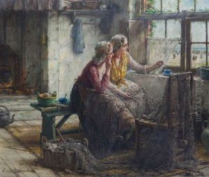Interieur Zelandais Anime De Deux Femmes De Pecheur Reveuses Pres De La Fenetre by Edward Antoon Portielje