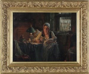 Muttergluck, Interieur Mit Im Schein Der Petroleumlampe Lesender Mutter