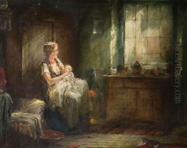 Interieur Anime D'une Jeune Mere, Enfant Et Petit Chat - view 1