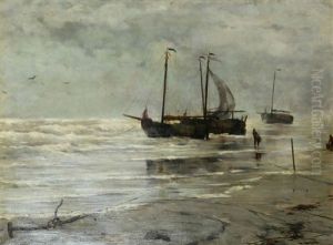 Vue De Plage Avec Bateaux De Peche Sous Ciel Couvert