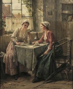 Interior With Two Young Women Sharing A Letter by Edward Antoon Portielje