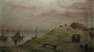 Duingezicht Met Personages En Zeilboten by Edward Antoon Portielje
