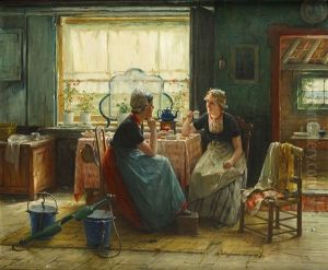 Twee Zeeuwse Dames In Een Interieur by Edward Antoon Portielje
