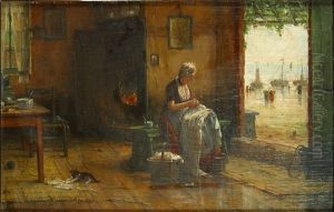 Naaiende Vrouwen In Een Interieur Met Open Deur Op Zeegezicht