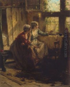 Zwei Junge Madchen Aus Dem Fenster Blickend by Edward Antoon Portielje