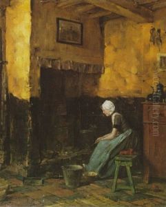 Interieur Met Meisje Bij De Haard by Edward Antoon Portielje