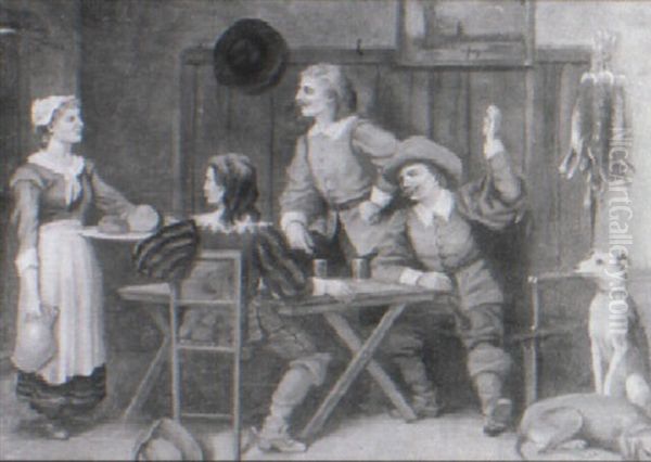 Interior With Woman Serving Food To Men Seated At A Table - view 1