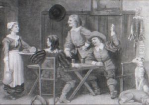 Interior With Woman Serving Food To Men Seated At A Table by Edward Antoon Portielje
