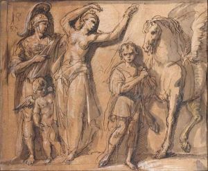 Persee, Andromede Et Pegase
Plume Et Encre Noire, Lavis Brun, Rehauts De Gouache Blanche Et D'or Sur Papier Prepare Beige by Guillaume Boichot