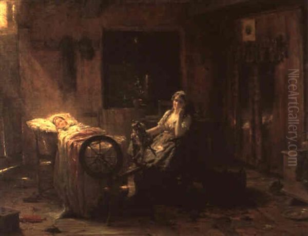 Dame Au Rouet Veillant Un Enfant Alite - view 1