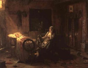 Dame Au Rouet Veillant Un Enfant Alite