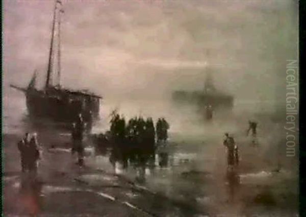 Fishermen Selling Their Catch On A Beached Bomschuiten In   The Background, At Moonlight - view 1