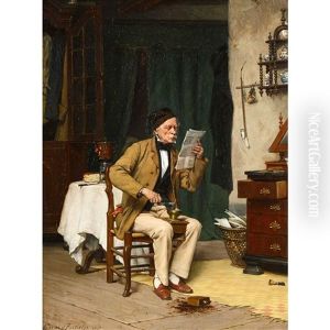 Alter Mann Vertieft In Die Zeitungslekture Und Beim Kaffee Mahlen by Gerard Jozef Portielje