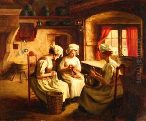Three Women Sewing Beside A Window by Gerard Jozef Portielje