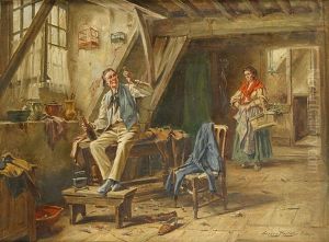 Interieur Met Drinkende Man Op Tafel En Teleurgestelde Vrouw