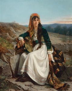 Madchen In Festlicher Tracht Mit Tamburin