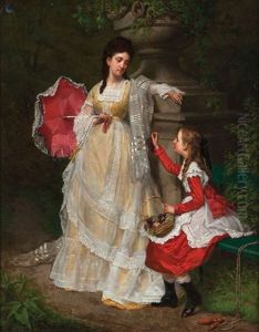 Scene De Parc Animee D'une Mere Et Enfant Partageant Des Raisins by Jan Frederik Pieter Portielje