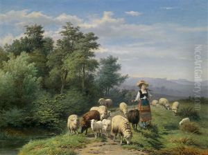 Hirtin Und Herde In Einer Weiten Landschaft