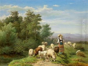 Die Schaferin Mit Ihrer Herde Am Heimweg (collab. W/franz Lebret) by Jan Frederik Pieter Portielje