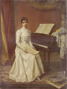 Interior Scene Of A Young Lady Wearing A White Dress Seated At A Piano Forte