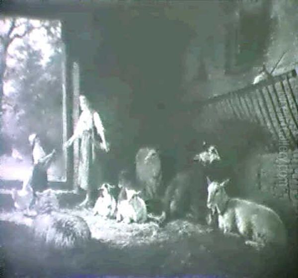 The Little Gift, Genre Scene With Figures And Livestock In A Manger - view 1