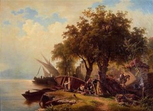 Familienidyll In Einer Alpenlandischen Bootswerft Am See by Carl Porttmann