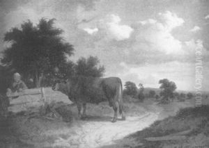 Ein Kleiner Junge Hinter Einem Weidegatter Beobachtet Ein Machtiges Rind by Carl Porttmann