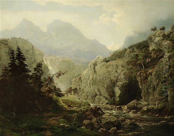 Gebirgslandschaft Mit Fluss Und Figurenstaffage - view 1