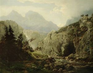 Gebirgslandschaft Mit Fluss Und Figurenstaffage by Wilhelm Porttmann