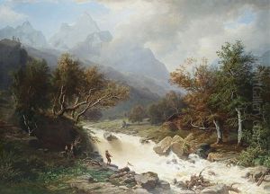 Fisherman At A Rushing Mountain Stream by Wilhelm Porttmann