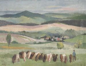 Landschaft Im Odenwald Mit Hirte Und Weidender Herde Landschaft Im Odenwald Mit Hirte Und Weidender Herde