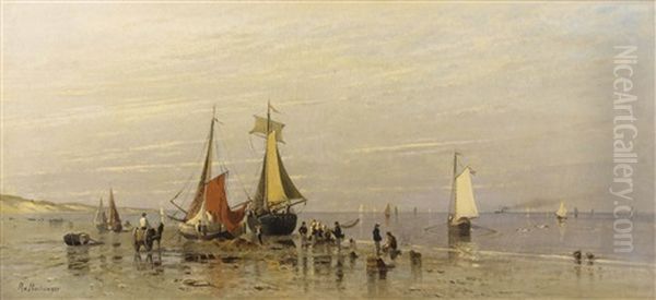 Kuste Bei Ebbe Mit Fischern, Kindern Und Segelbooten - view 1