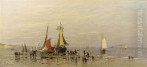 Kuste Bei Ebbe Mit Fischern, Kindern Und Segelbooten by Richard Von Poschinger