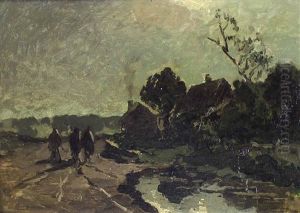 Landschaft Mit Hausern Und Drei Wanderern Auf Einem Feldweg Landschaft Mit Hausern Und Drei Wanderern Auf Einem Feldweg