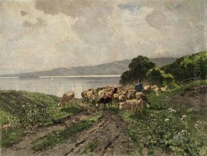Schafer Mit Seiner Herde In Weiter Sommerlandschaft Vor Einem Seeufer (starnberger See?) by Richard Von Poschinger