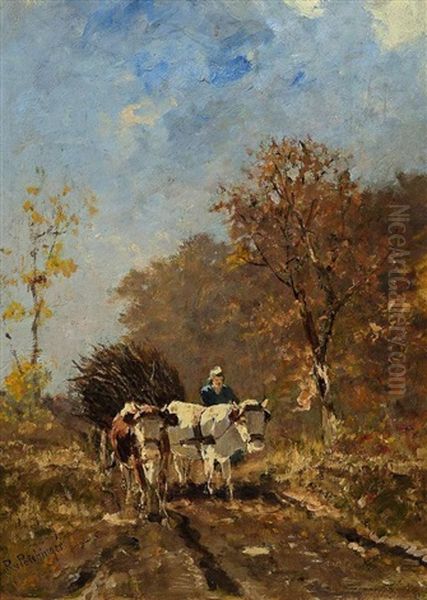 Bauer Mit Ochsenwagen In Herbstlicher Landschaft - view 1