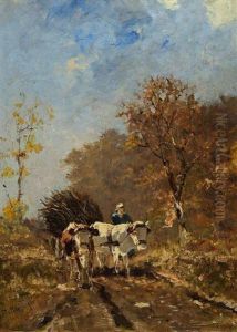 Bauer Mit Ochsenwagen In Herbstlicher Landschaft by Richard Von Poschinger