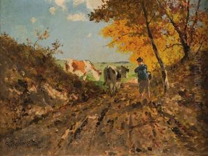 Hirte Mit Zwei Kuhen Am Waldrand In Sommerlicher Landschaft