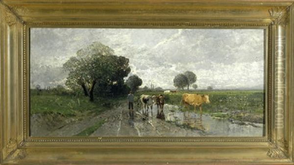 Auf Dem Heimweg - Hirte Mit Kuhen In Einer Dachauer Regenlandschaft - view 1