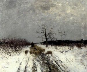 Schafer Mit Seiner Herde Im Winter by Richard Von Poschinger