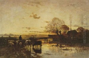 Shepherd With Sheep And Cattle At Dusk by Richard Von Poschinger
