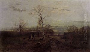 Herbstlandschaft Mit Zwei Reitern In Der Abenddammerung Herbstlandschaft Mit Zwei Reitern In Der Abenddammerung