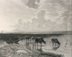 Kuhe An Der Tranke by Richard Von Poschinger
