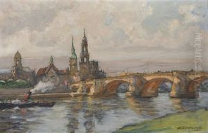 Dresden (blick Auf Die Hofkirche Mit Georgenbau Und Standehaus Vom Neustadter Elbufer Aus) by Rudolf Poeschmann
