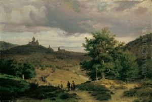 Landschaft Mit Blick Auf Die Schwanenburg In Kleve. Im Vordergrund Eine Prozession.