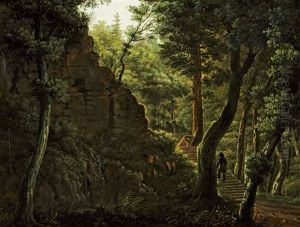 Waldinneres Mit Sandsteinfelsen Und Einem Wanderer