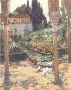 Doves Drinking At A Fountain In A Courtyard by Josef Karel Frans Posenaer